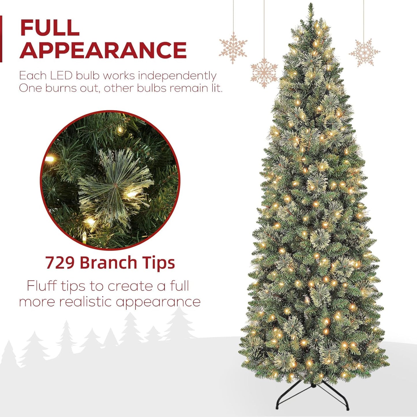 Hykolity 7.5ft Artificial Pre-lit Pencil Christmas Tree, Slim Christmas Tree with 300 Warm White LED Lights, 792 PVC Tips, Foldable Metal Stand and Hinged Branches