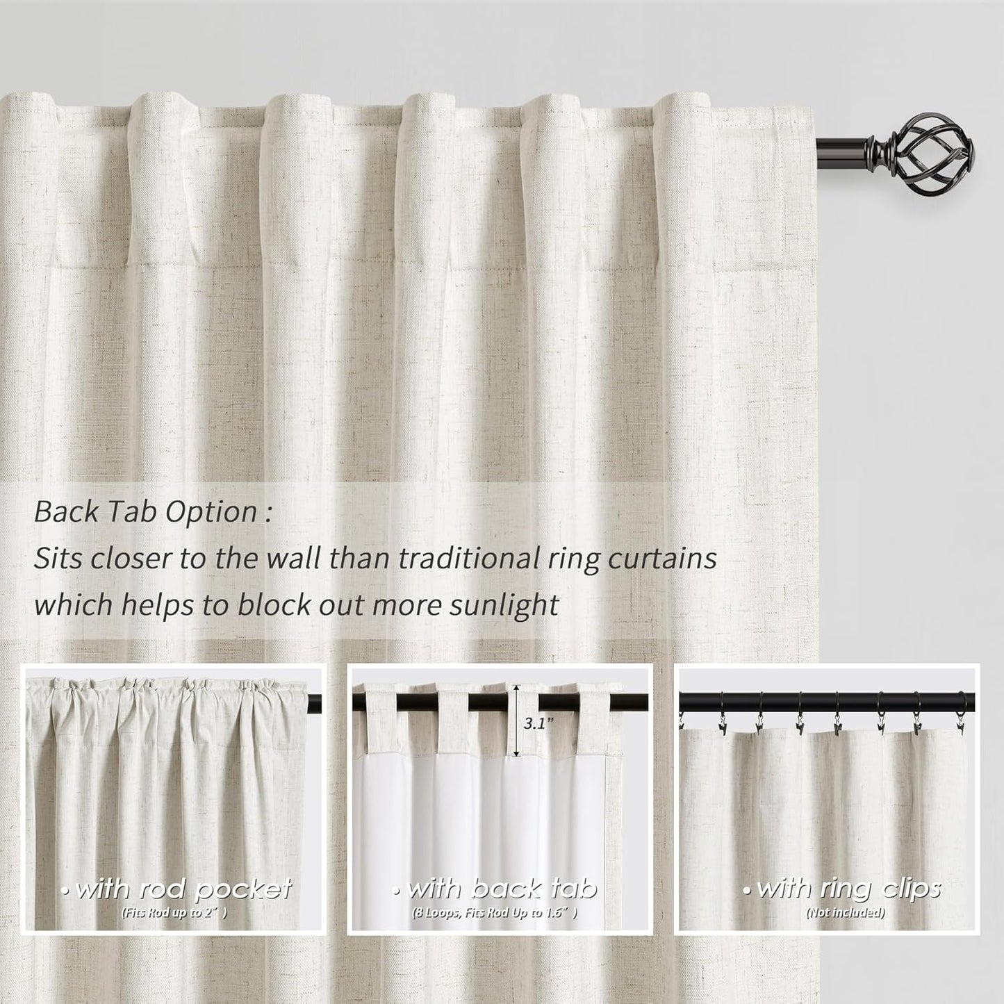 100 Inch Black Out Curtains 2 Panels Set Back Tab Thermal Insulated Natural Linen Textured Blackout Curtains Noise Reducing Cream Colored Neutral Living Room Darkening Window Drapes Pleated 52x100
