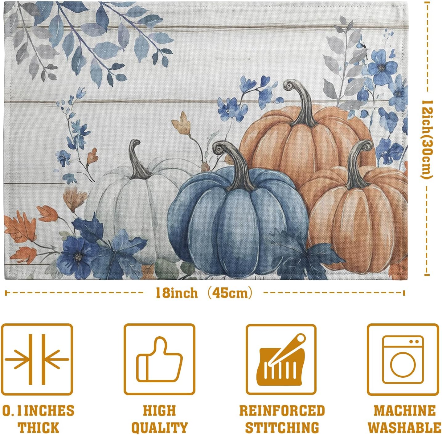 Autumn Placemats Blue Pumpkin Fall Place Mat Eucalyptus Leaves Floral Wood Grain Table Mats Thanksgiving Harvest Linen Placemat Party Kitchen Dining Decoration 12x18 Inch Set of 4