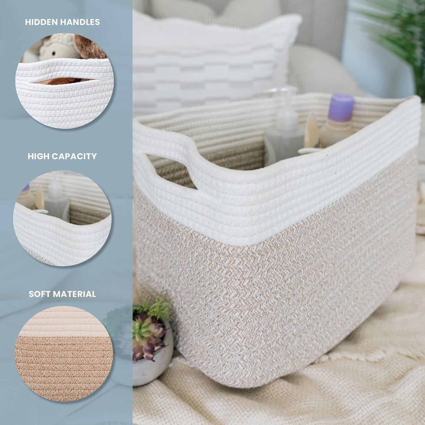 OrganiHaus Set of 3 Woven Storage Baskets for Organizing, Cotton Rope Organizer Bins for Shelves, Closet & Nursery, Dog Toy Basket, Decorative Bins for Toys, Towels & Books - 15x10x9, Light Honey