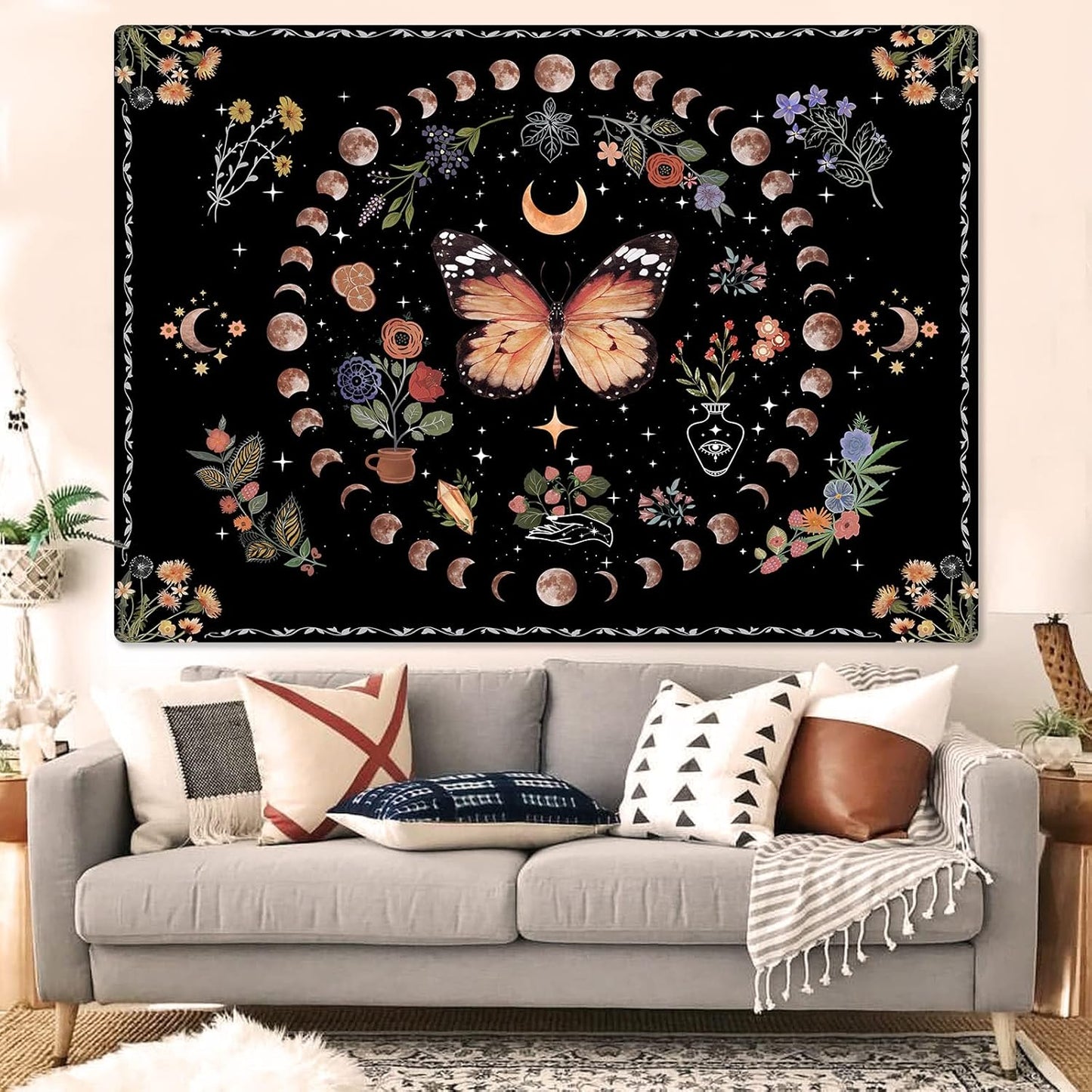 Fowocu Orange Butterfly Moon Flower Tapestry Boho Floral Plant Tapestries for Bedroom Aesthetic Tapastry's Wall Hanging Mandala Botanical Wall Tapestry for Living Room Dorm (Yellow, 80'' × 60'')