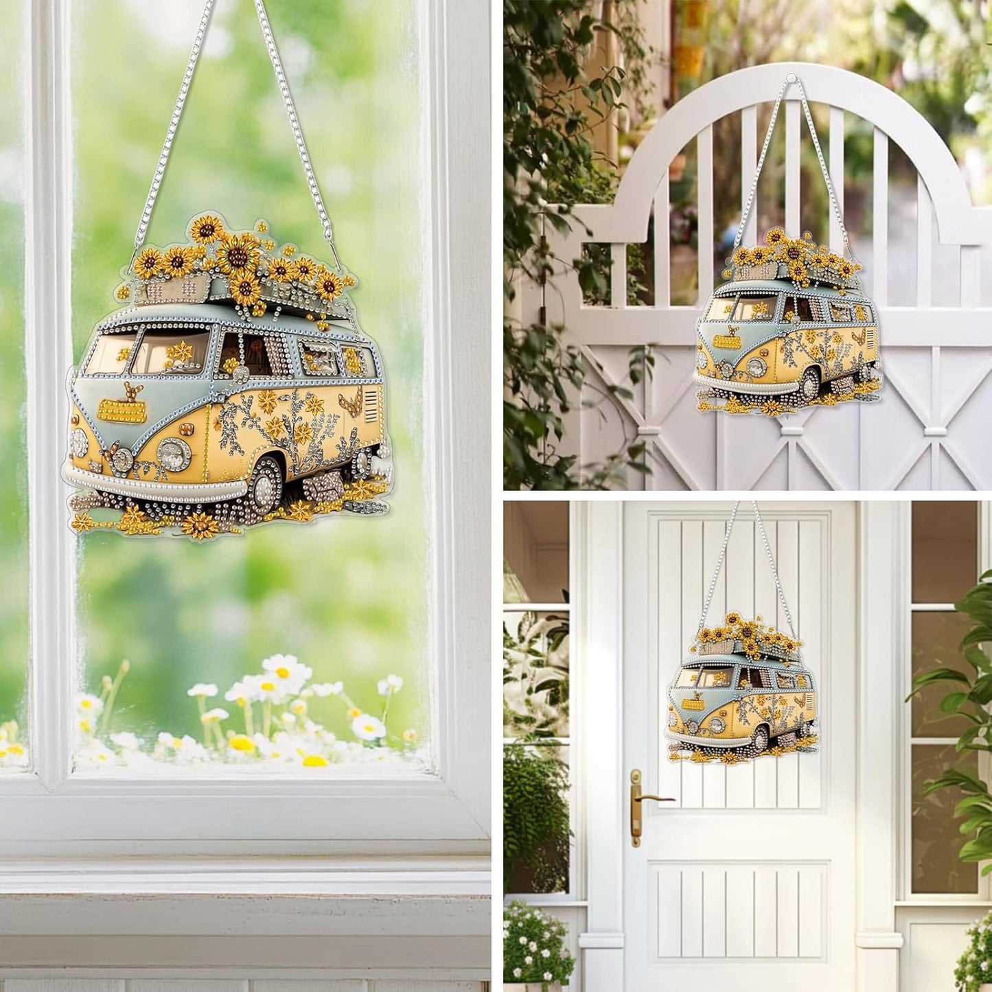 EOBROMD Diamond Hanging Art Kits for Adults, Travel Bus Suncatcher Diamond Art Painting, DIY Special Shaped Rhinestone Kits for Adults, Window Pendants Home Garden Wall Hanging Ornament