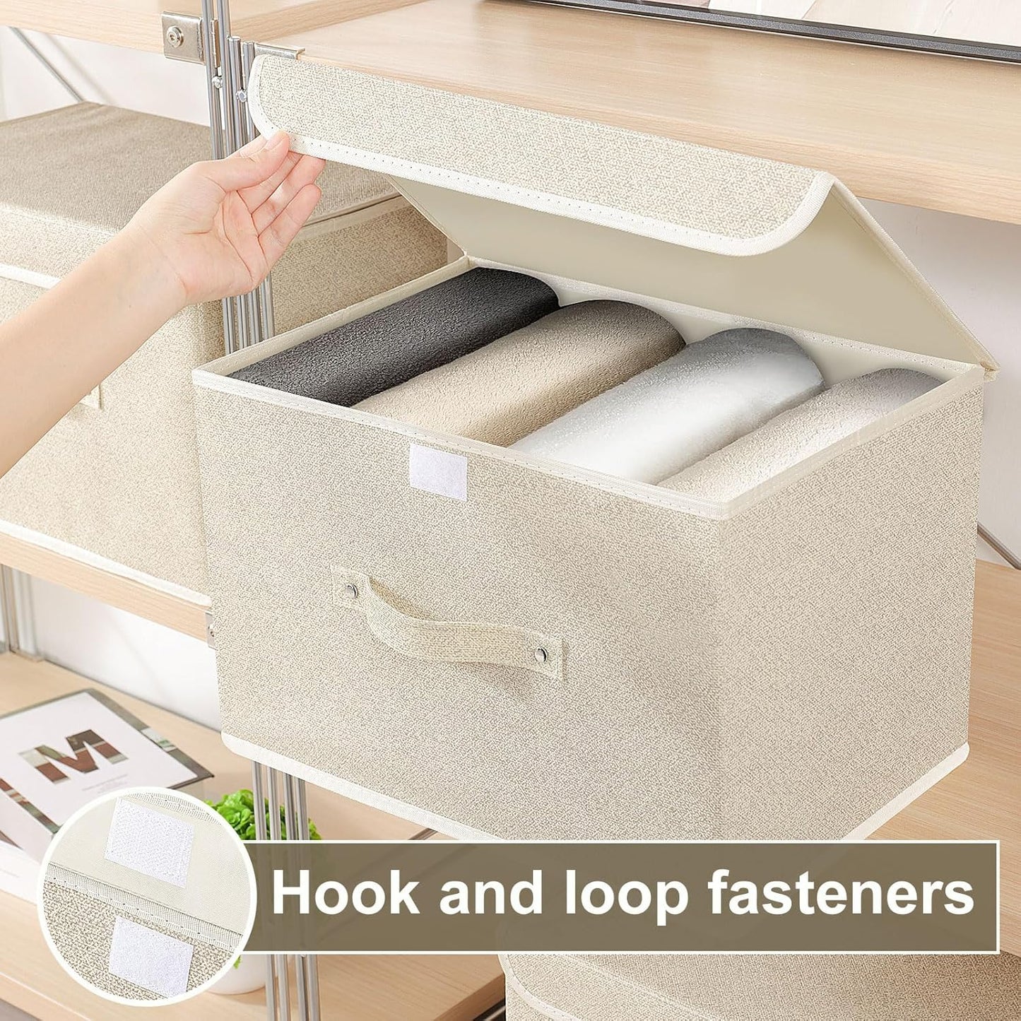 Fabric Storage Bins Cube Organizers with Flip-Top Lid and Handles,Storage Boxes for Organizing Home,Office,and Closet,Grey and Beige,3 Pack 15 x 9.8 x 9.8 in