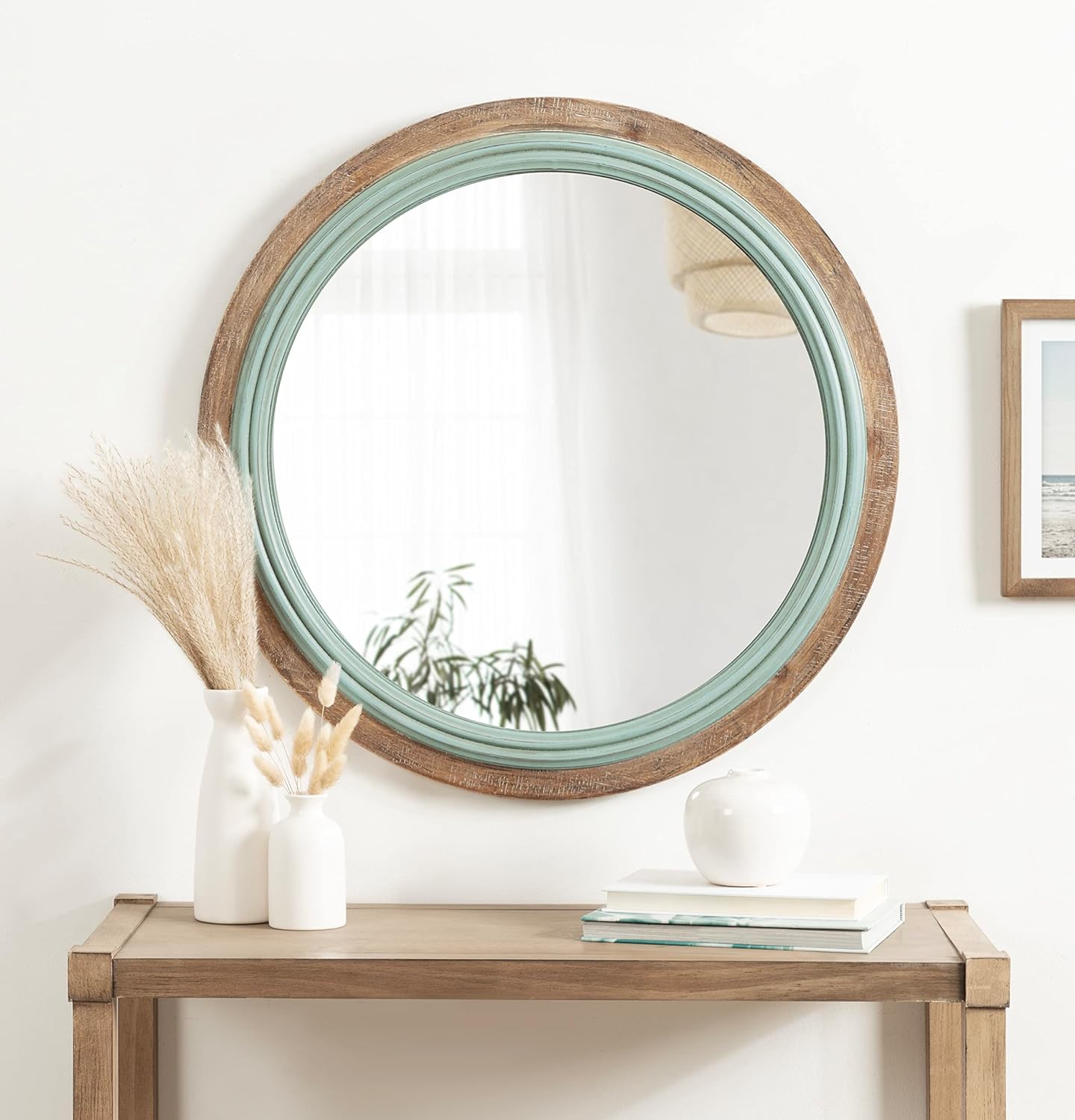 Kate and Laurel Palmer Rustic Farmhouse Round Wooden Mirror, 26 Inch Diameter, Blue and Rustic Brown, Modern Circle Decorative Wall Mirror with Paint Distressing