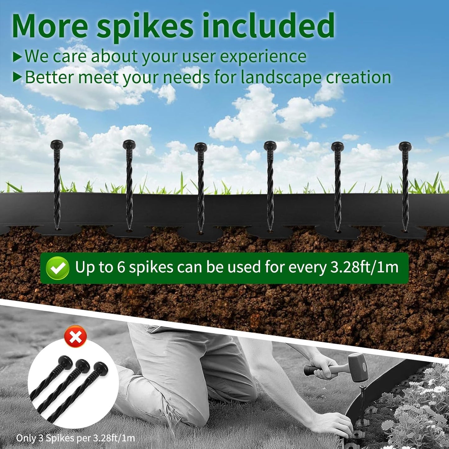 4 in x 50 Ft Garden Landscape Edging, No Dig Garden Edging Border Kit with 92 Pcs Spikes for Flower Bed Lawn Yard Grass Green