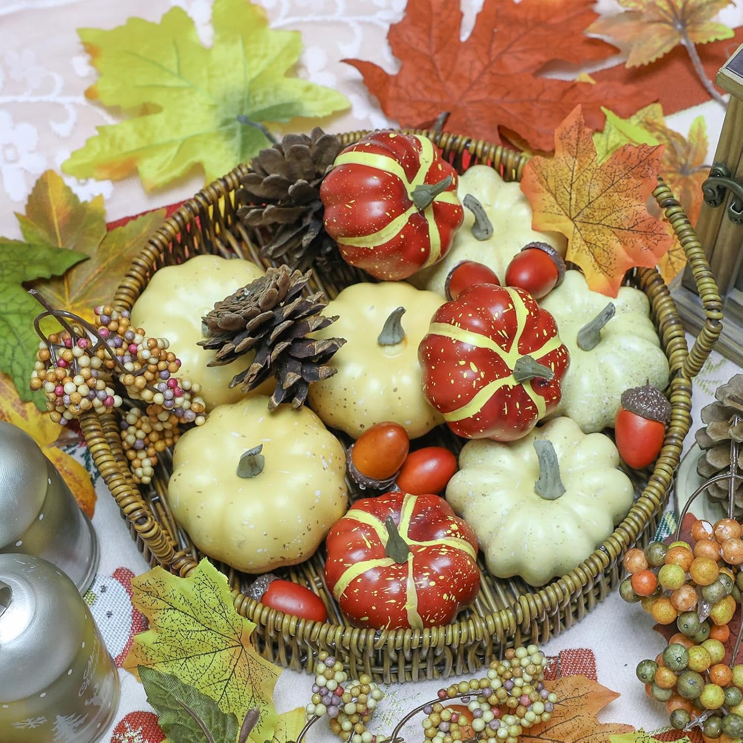 23Pcs Fake Pumpkins Fall Thanksgiving Decorations,Plastic Pumpkins with Acorns,Maple Leaves,Pine cones,Berries, Artificial Mini Pumpkin Decorating Harvest Home Decor Centerpiece Table Decorations