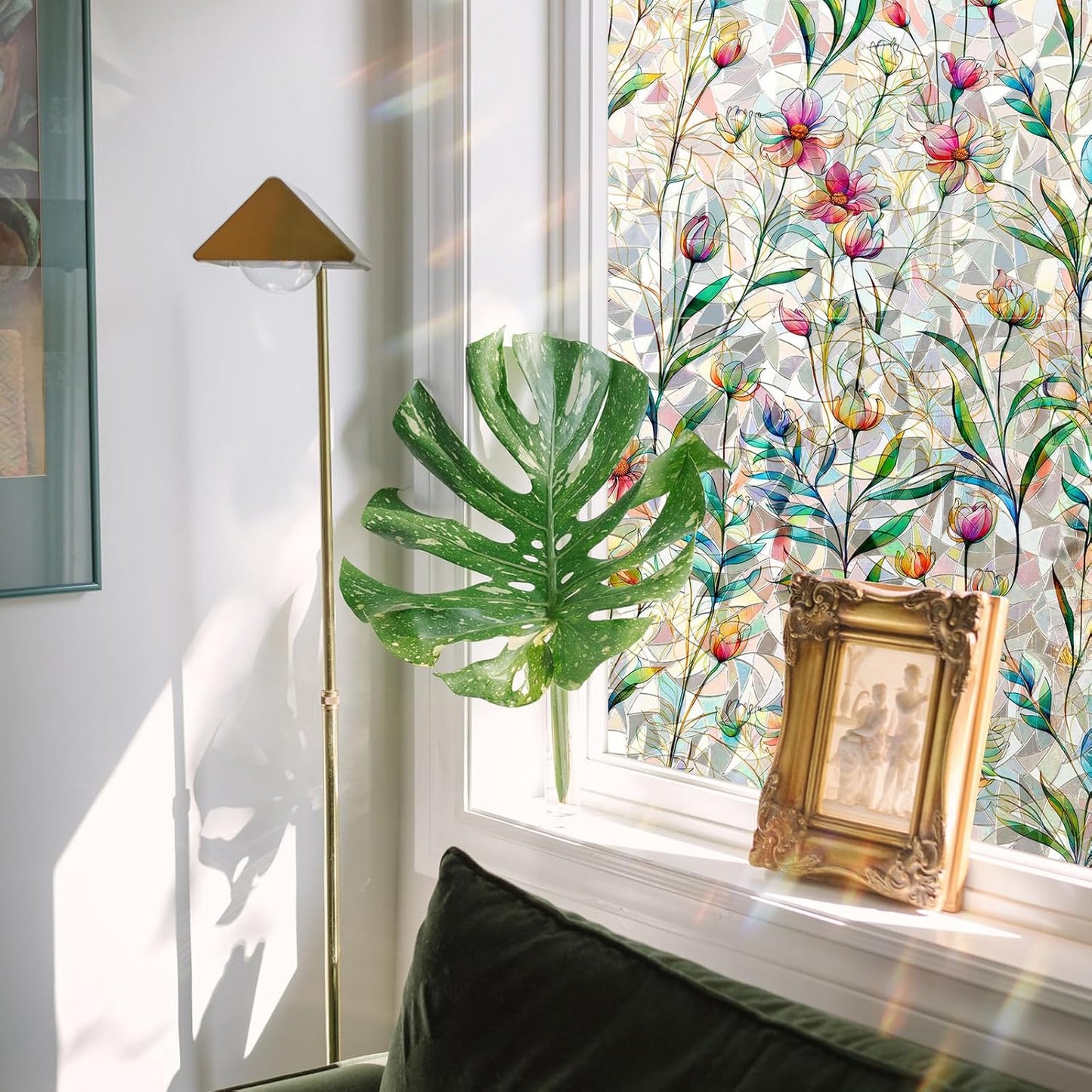 Rainbow Window Privacy Film 3D Floral Decorative Stained Glass Window Film Anti UV Non-Adhesive Reusable 23.6" x 78.7" for Home Room Car Glass Cling