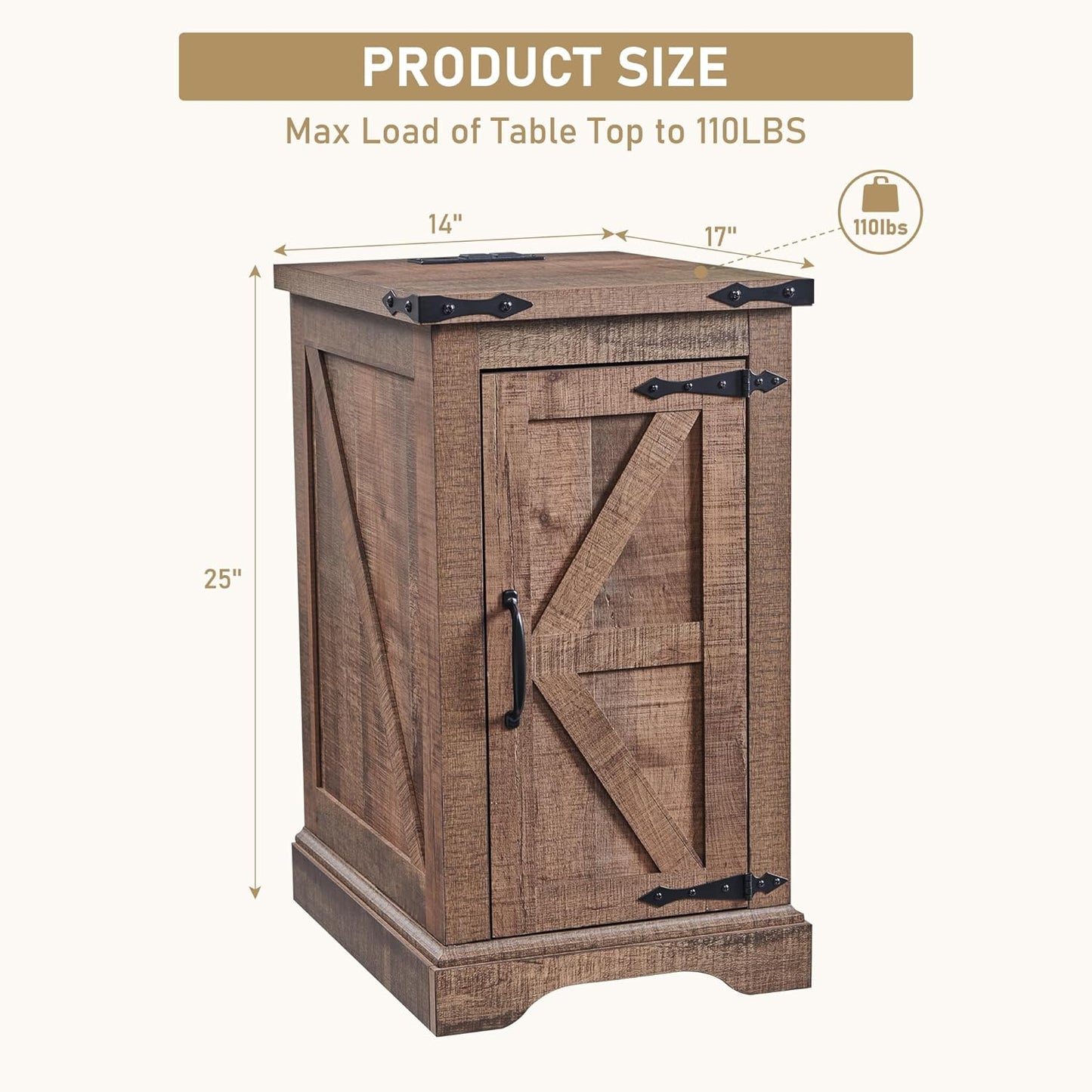 JXQTLINGMU Nightstand with Charging Station, Rectangular Farmhouse End Table with Barn Door and Adjustable Storage Shelf, 17" Deep Wood Rustic Sofa Side Table for Living Room, Bedroom, Light Brown