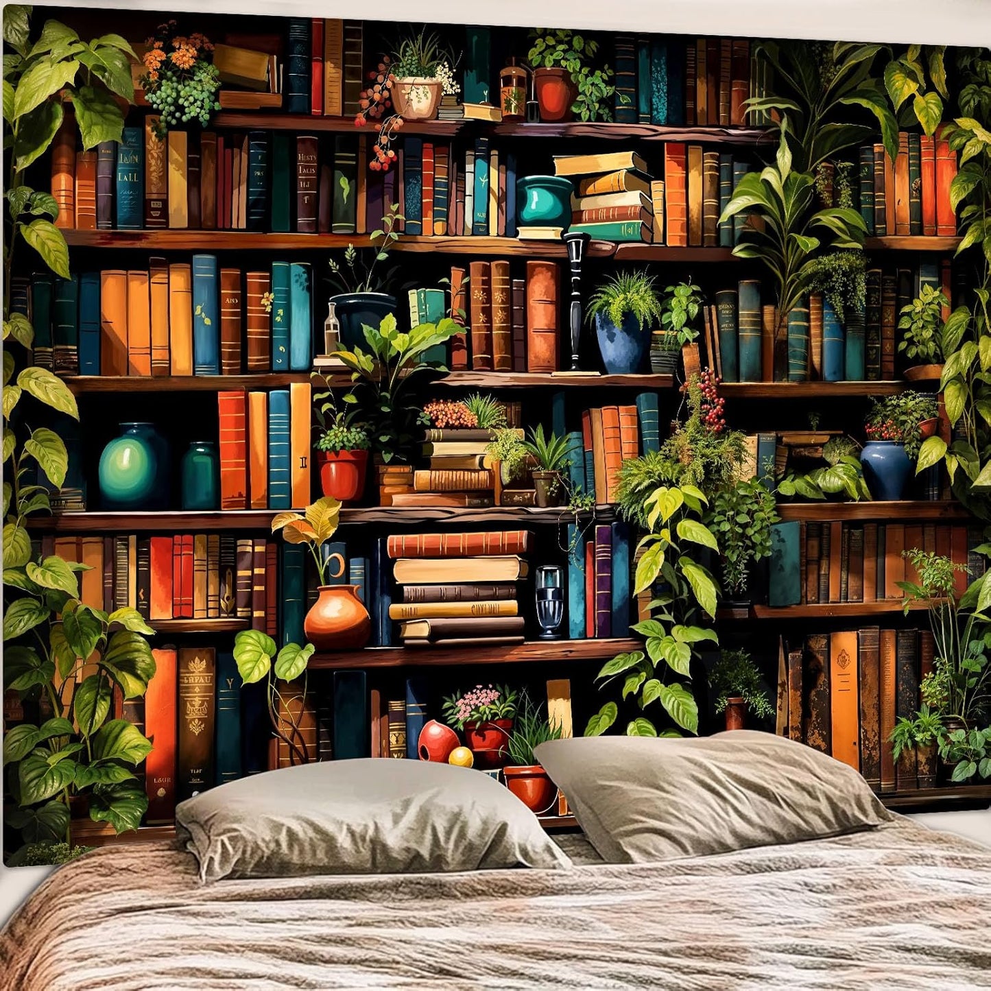 Accnicc Botanical Bookshelf Tapestry Lush Green Plant Book Shelf Tapestries Wall Hanging Vintage Retro Potted Plants Academics Extra Large Library Tapestry for Bedroom Living Room Dorm 90 x 68 inch