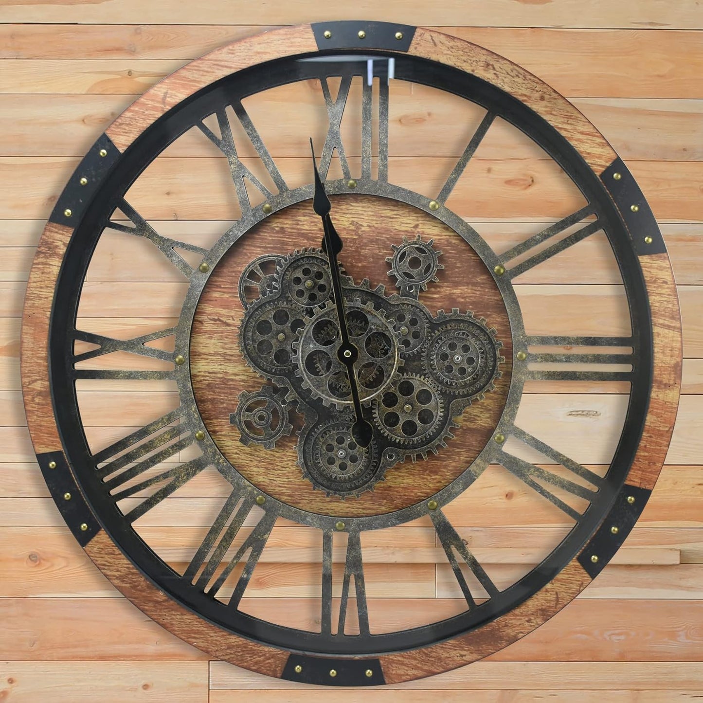DORBOKER 30'' Large Wall Clock Real Moving Gears Oversized Industrial Solid Wood Rusic Farmhouse Clocks for Living Room Wall Decor Home Office, 30 inch 76cm, Brown and Vintage Bronze