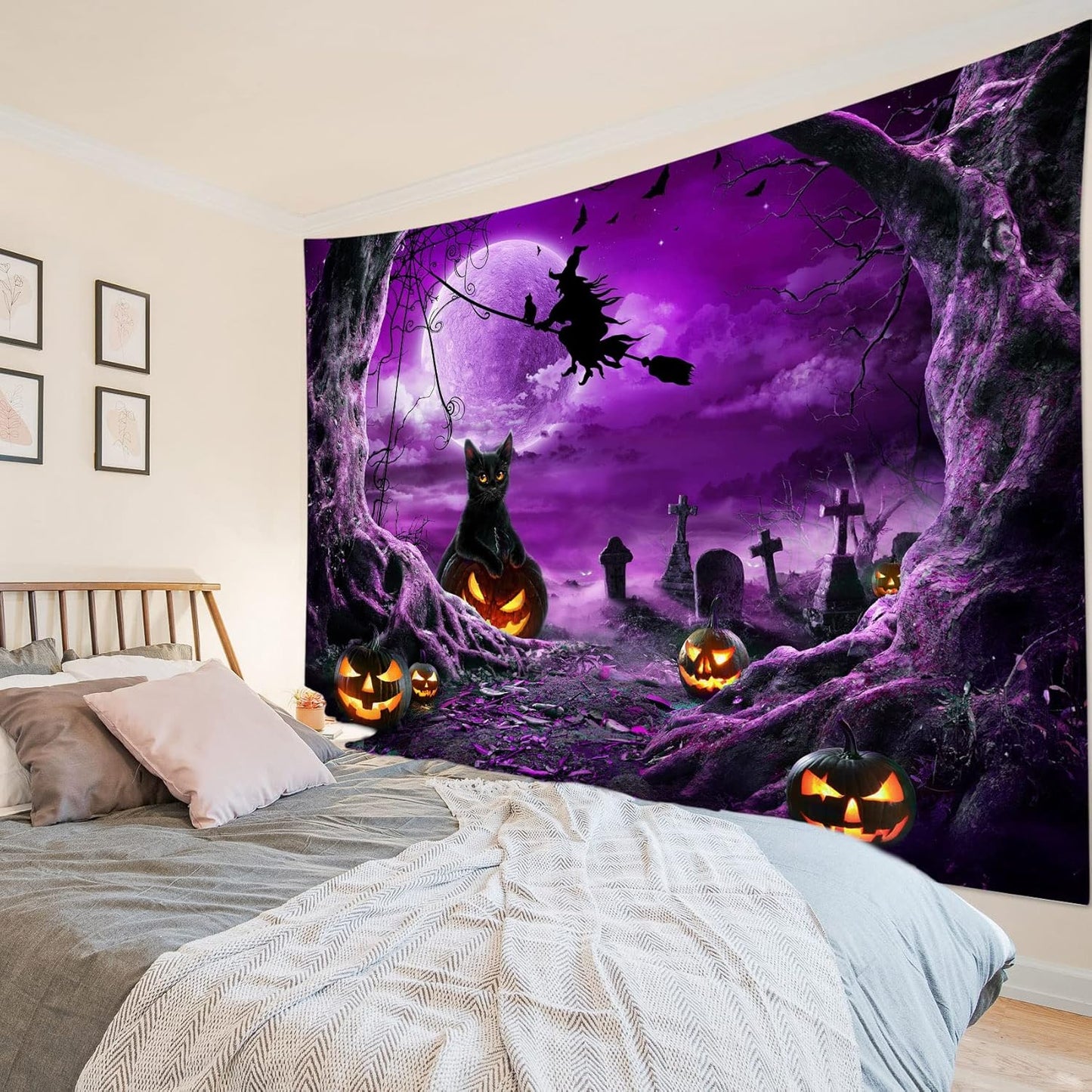 LB Halloween Tapestry Horror Witch Cat and Dead Tree Pumpkin Lights with Spooky Graveyard Tapestry Wall Hanging Purple Full Moon over Misty Forest Wall Decor for Bedroom Living Room Dorm 60x40 Inches