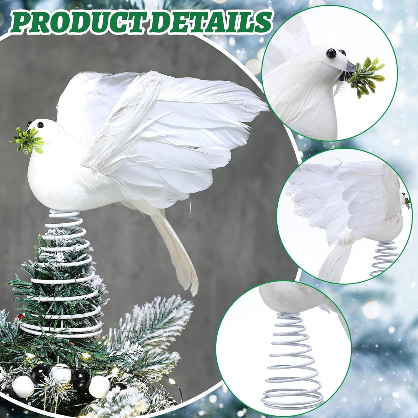 Retisee 9 Inch Dove Olive Christmas Tree Topper White Bird Christmas Tree Decoration Peaceful Flying Dove Ornaments Artificial Feather Flocked for Hanging Wedding Party Decor