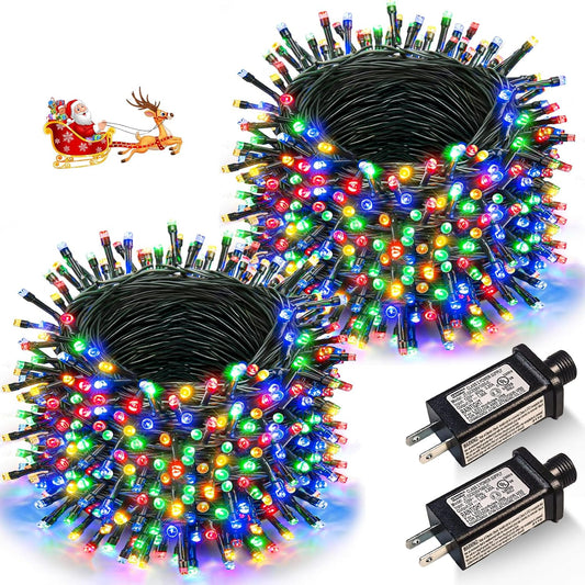 2 Pack Christmas Lights Outdoor, Total 200FT 600LED Christmas Tree Lights with 8 Modes Waterproof, Green Wire Dtring Twinkle Lights for Indoor Patio Garden Xmas Party Decorations, Multicolor