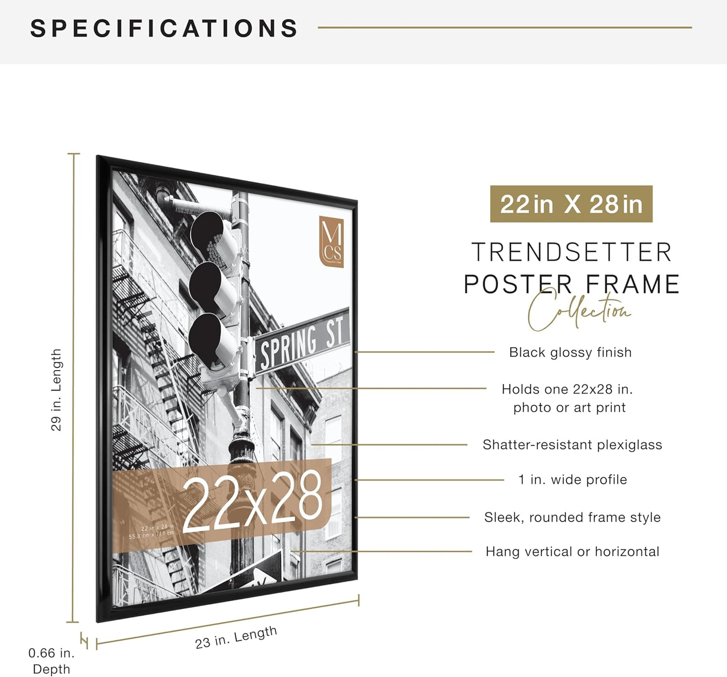 MCS Trendsetter 22x28 Poster Frame Black High-Gloss, Vertical & Horizontal Wall Hanging Large Picture Frame for Photos, Posters & Art Prints (1-Pack)