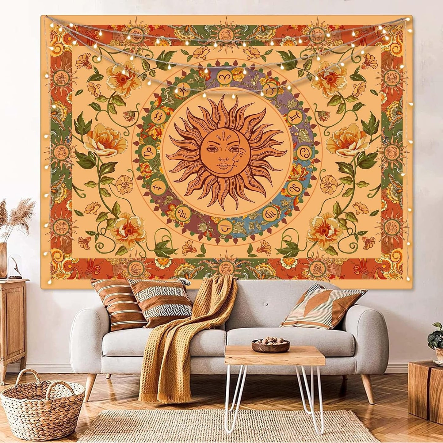 Aipon Yellow Sun and Moon Tapestry Hippie Indie Tapestries Boho Orange Flower Floral Tapestry Wall Hanging Cool Vintage Aesthetic Wall Tapestry for Bedroom Living Room Dorm (80'' × 60'', Orange)