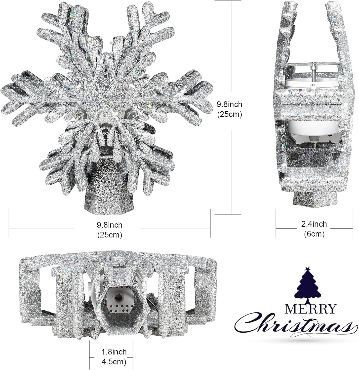 Christmas Tree Topper Lighted with Snowflake Projector, LED Rotating 3D Glitter Tree Topper for Christmas Tree, Christmas Decorations Lights (Silver)