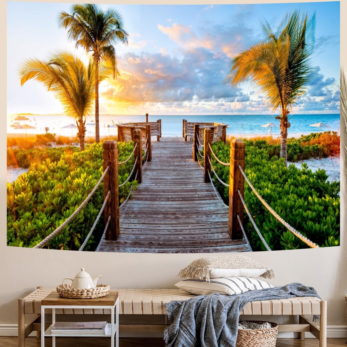 Delur Beach Sunset Tapestry Tropical Seaside Palm Tree Coastal Tapestry Wall Hanging Sunrise Nature Landscape Scenic Psychedelic Headboard for Bedroom Living Room Home Decor (51.2" x 59.1")