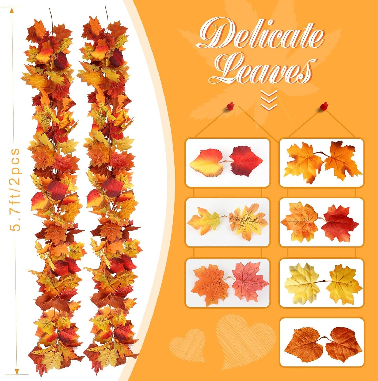 Joyhalo 2 Pack Fall Leaves Garland Indoor Outdoor Fall Decor,Hanging Maple Leaves Garland for Mantle, Door Frame,Fireplace and Thanksgiving Decor