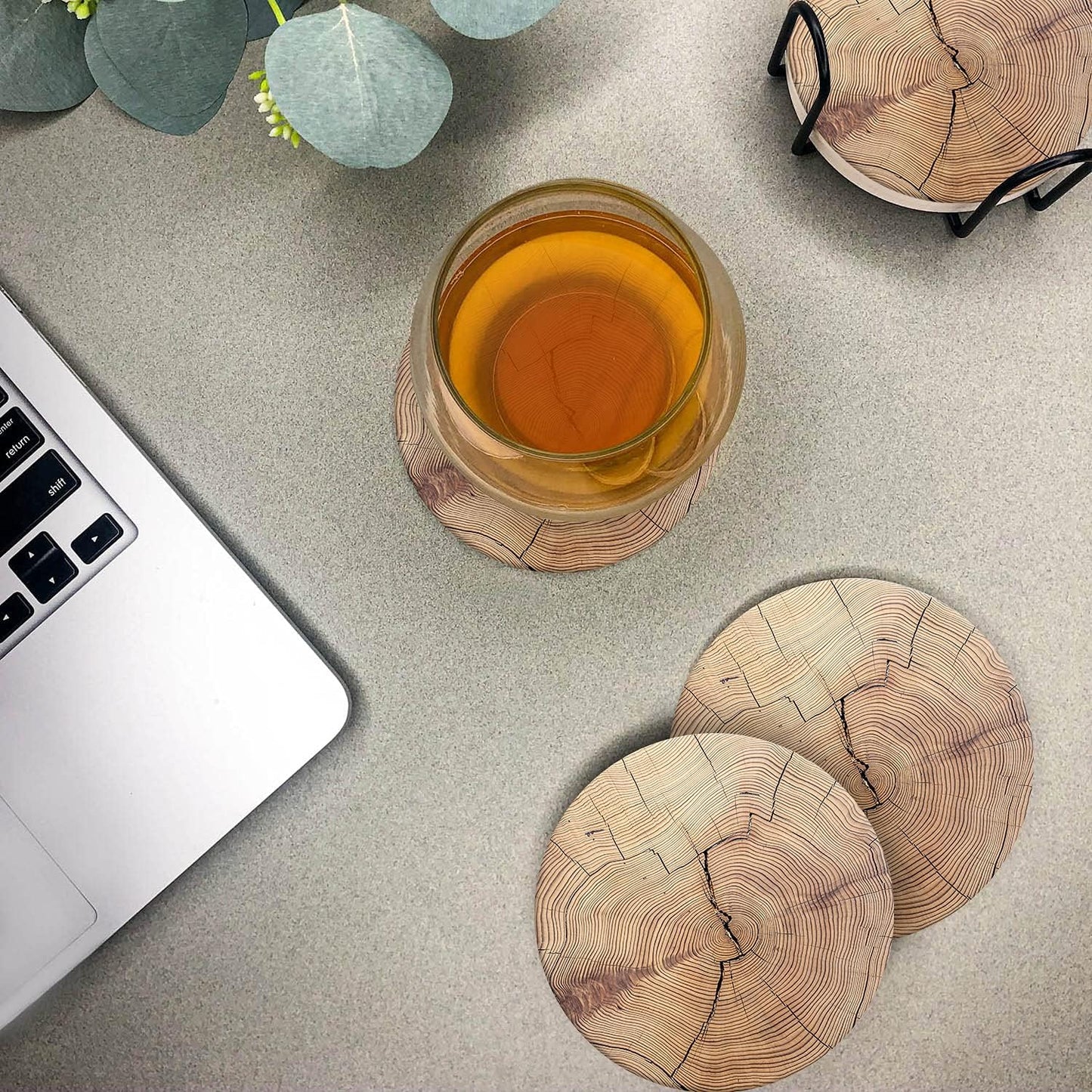 Emerson Coasters for Drinks Absorbent – Natural Stone Drink Coasters Set with Holder, Coasters for Coffee Table, Wooden Tabletop Protection Marble Style – 100% Heavy Duty Set of 6 (Wood)