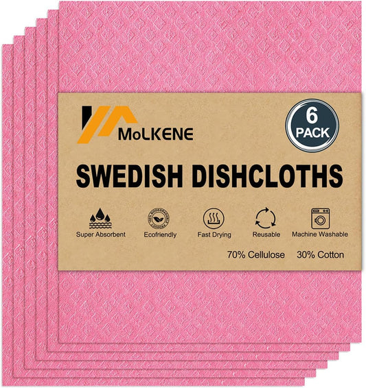 Swedish Dishcloths for Kitchen | 6 Pack Absorbent Cellulose Sponge Cloths Washable | Non-Scratch Reusable Paper Towels Quick Drying Cleaning Cloths - Pink