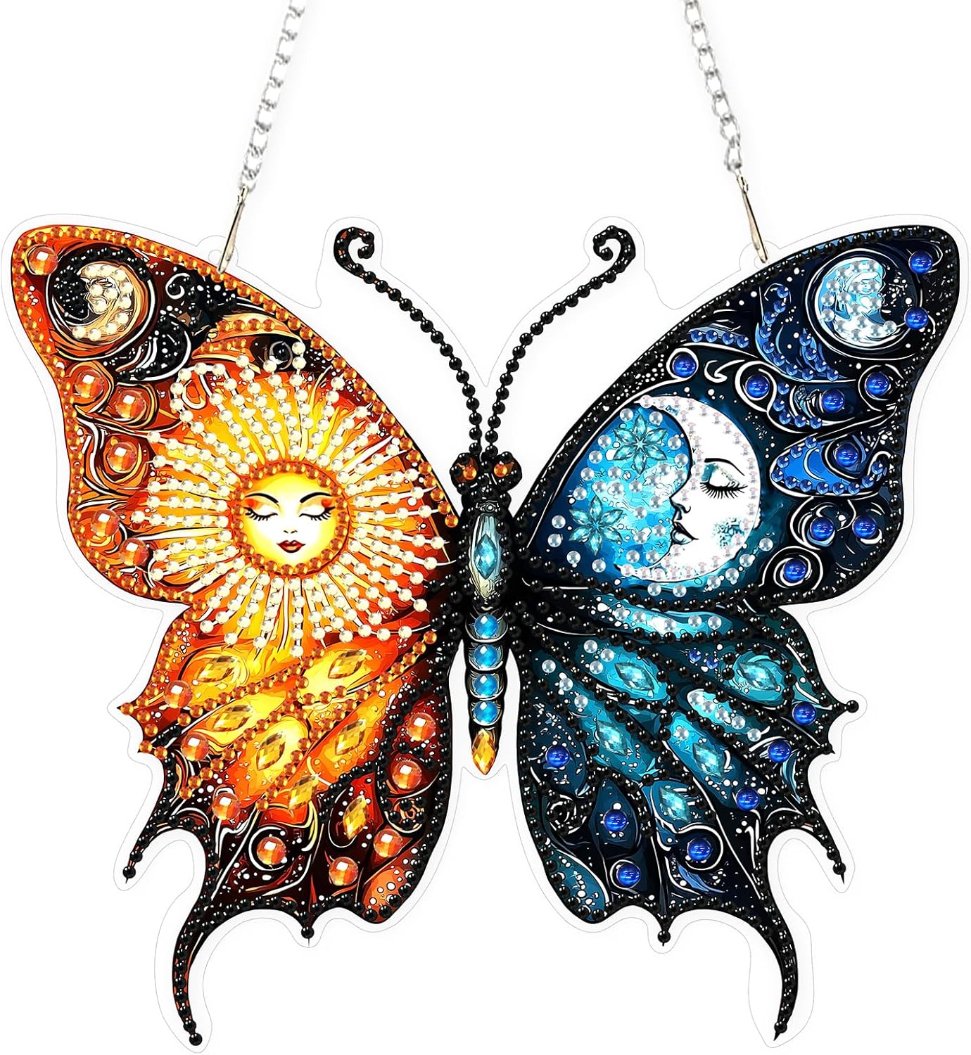 Lxmsja DIY Sun Moon Diamond Painting Hanging Ornament, Double-Sided Acrylic Butterfly Diamond Art Kit, Special Shaped Drill Pendant Window Art Kit, Suncatcher Hanging Craft Decoration 7x8 inch