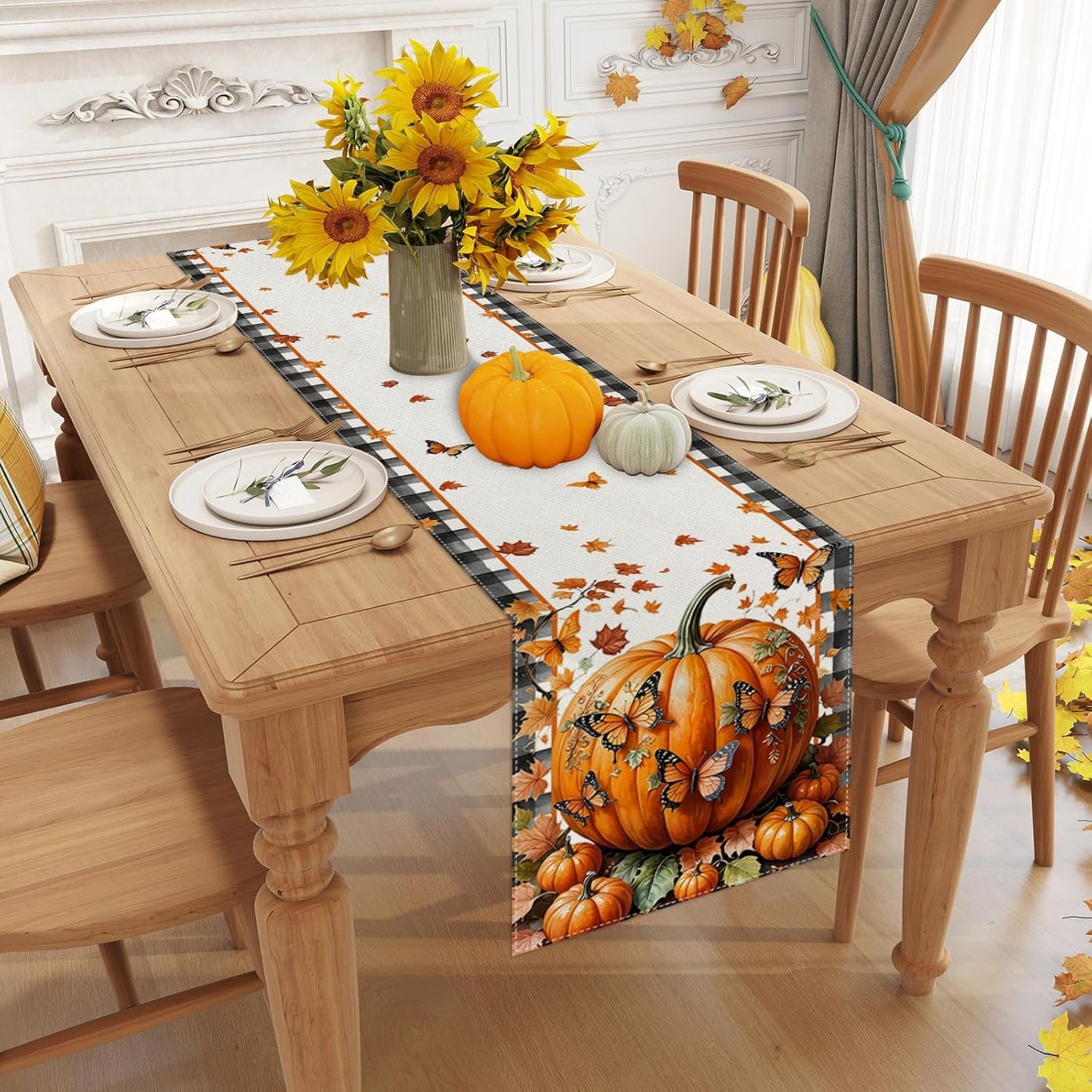 Linen Black and White Buffalo Check Plaid Fall Table Runner 90 Inches Long, Fall Leaves Pumpkin Butterfly Home Kitchen Table Decor, Farmhouse Autumn Thanksgiving Harvest Festival Decorations for Home