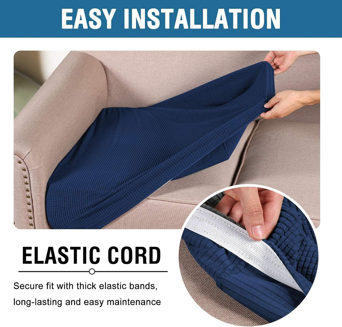 H.VERSAILTEX Super Stretch Individual Seat Cushion Covers - Sofa & Couch Cushion Slipcover Sets - Thick Jacquard Textured Twill Fabric (3 Piece XL Sofa Cushion Covers, Navy)