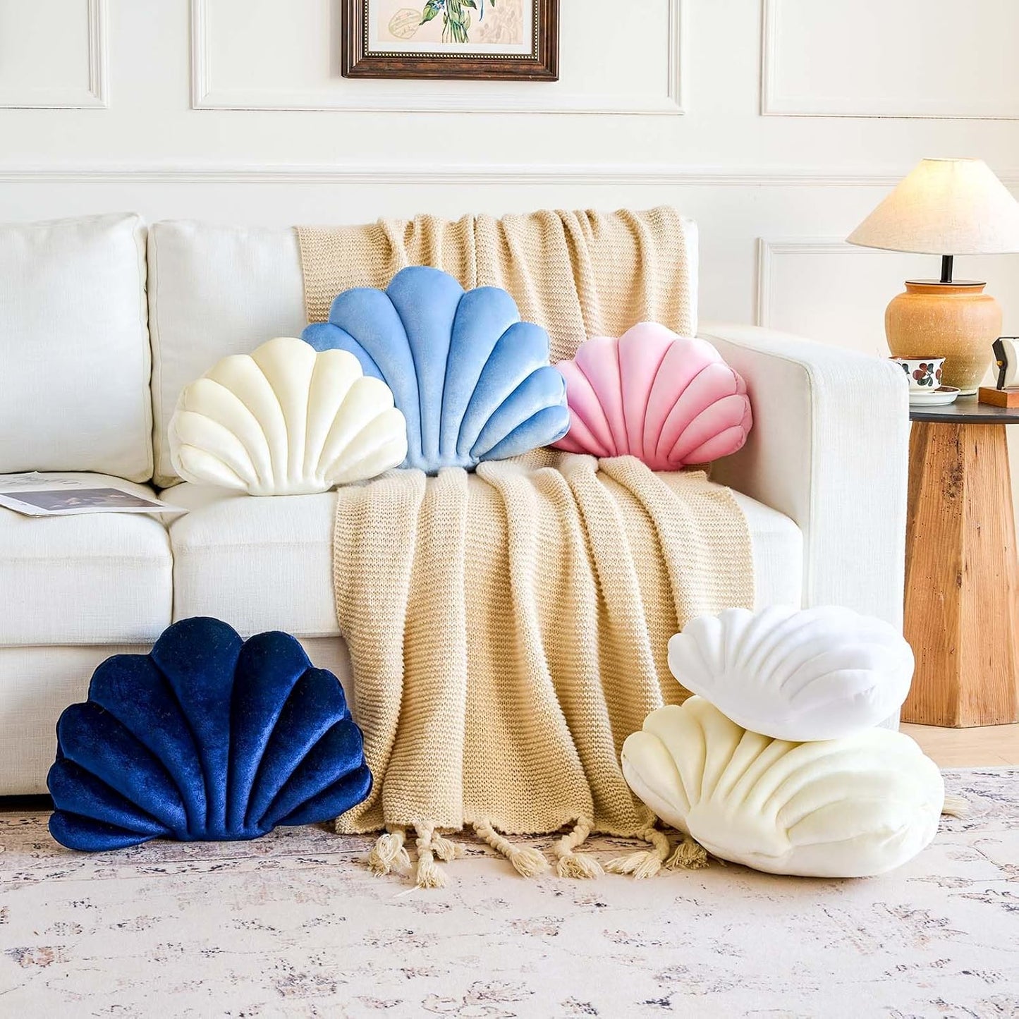 Dusty Blue Seashell Throw Pillows, Shell Shaped Throw Pillows, 18 Inch Soft Velvet Home Decorative Pillow Plush Cushion for Bed Couch Living Sofa Room Decor Accent Throw Pillow