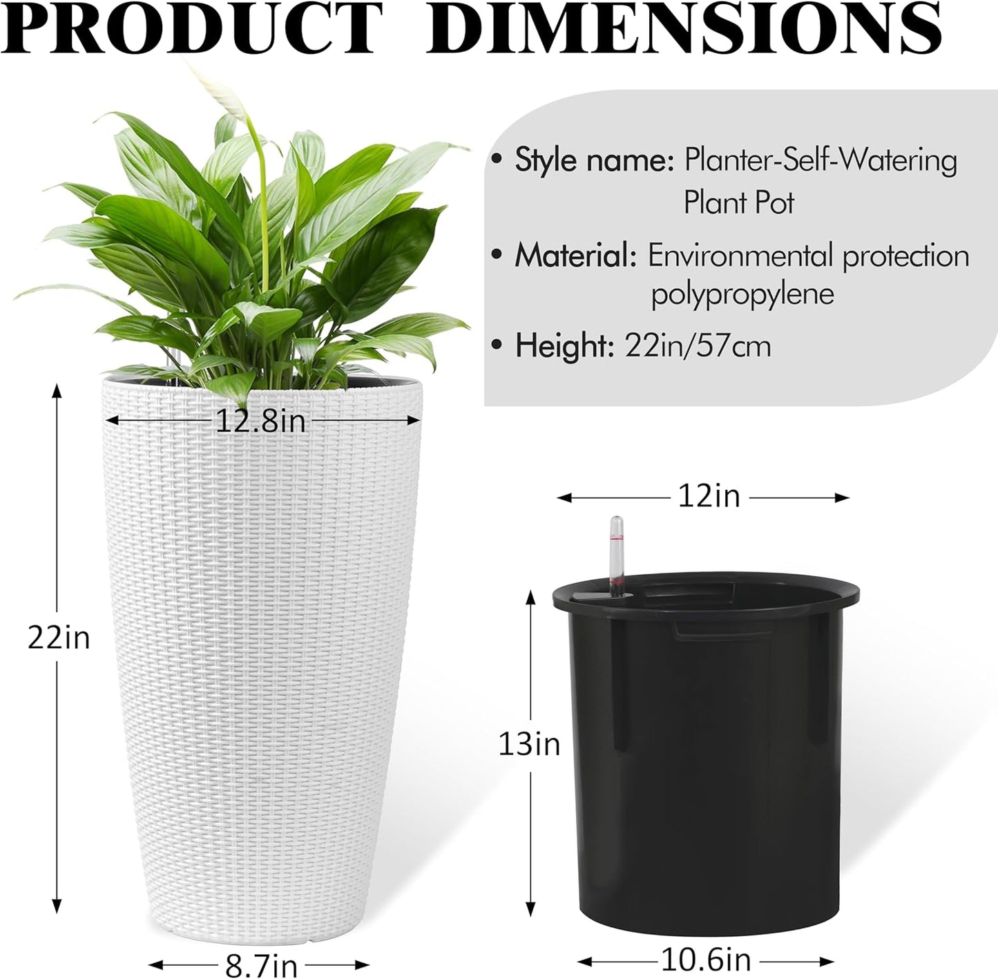 2Pack 22" High Modern Plant Pots Planter-Self-Watering Indoor/Outdoor Planting with Drain Holes, Water Level Monitor, Inner Bucket for Front Porch Patio, White Rattan Conical