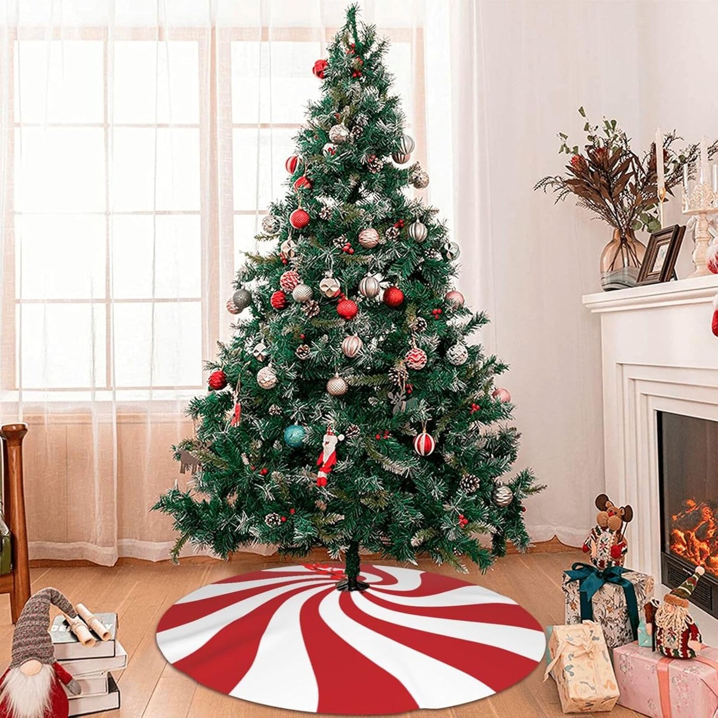 36" Large Christmas Tree Skirt, Red and White Peppermint Candy Round Pattern Tree Mat Base Cover for Xmas Festive Holiday Party Decoration Ornaments