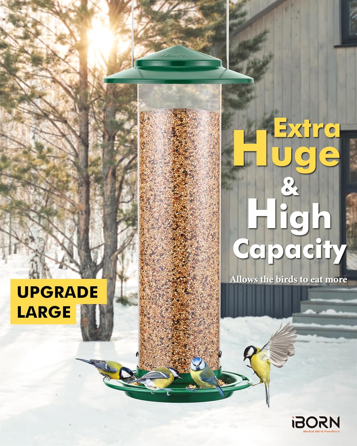 iBorn Metal Bird Feeder for Outside Hanging,Wild Bird Feeders for Cardinal,18cm Large Roof&Green,42CM Long,4.5lb High-Capacity(Seed is not Included)