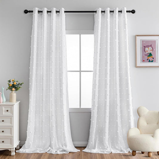 MYSKY HOME 100% Blackout Curtains for Living Room Bedroom Thermal Insulated 102 Inch Length Nursery Curtains 2 Panels Grommet Light Filtering White Pom Pom Sheer Drapes for Sliding Door, 52W x 102L