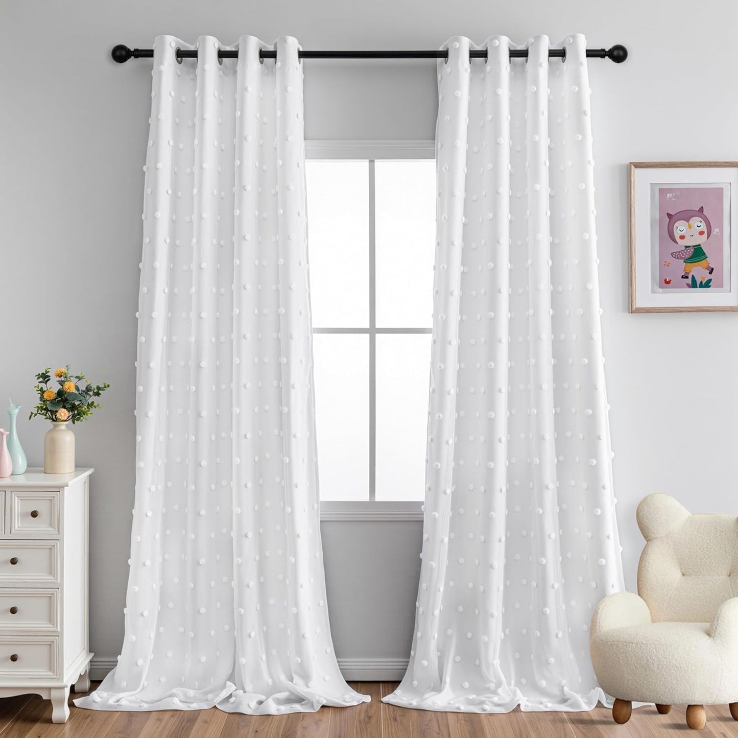 MYSKY HOME 100% White Blackout Curtains for Sliding Door 108 Inches Long Total Light Blocking Curtains for Living Room 2 Panels Grommet Room Darkening Drapes with White Pom Pom Sheer 52 x 108 Inch