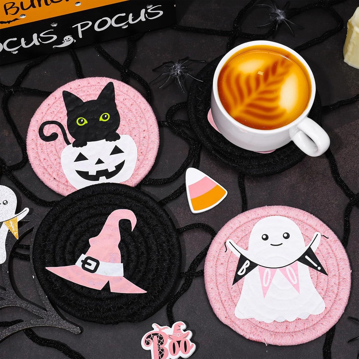 Whaline Halloween Handmade Braided Cotton Coasters Pink Cute Ghost Boo Black Cat Drink Coasters Absorbent Cup Coasters for Halloween Party Home Office Decor, Set of 4
