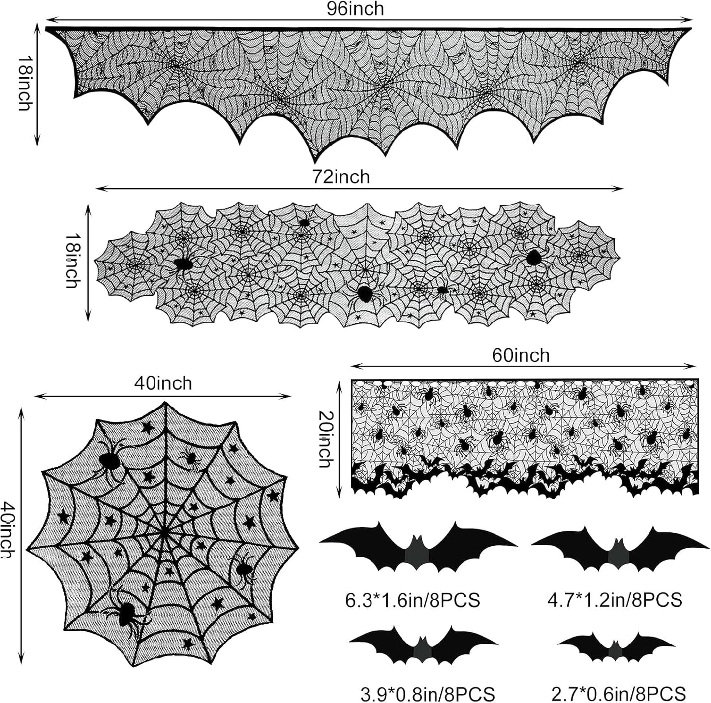 5Pack Halloween Decorations Indoor Halloween Decor Black Lace Table Runner Fireplace Mantel Scarf Round Tablecloth Cobweb Lampshade with 32 Pcs 3D Bat Wall Stickers