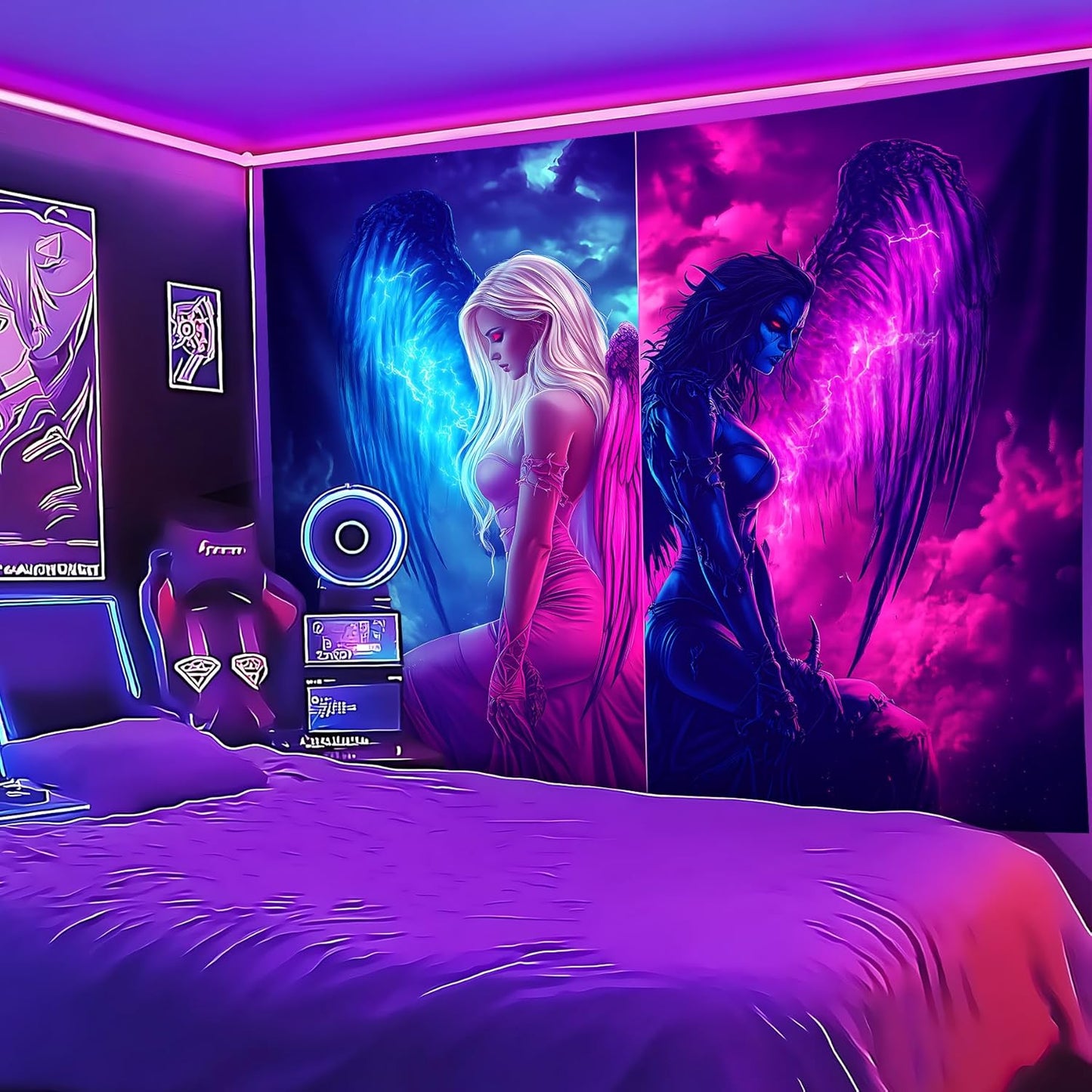 Blacklight Tapestry,WingTapestry Glow In The Dark,UV Reactive Black Light Upright Posters Wall Hanging for Bedroom Dorm Living Room Backdrop Decor (wing7, 79L" x 59W")