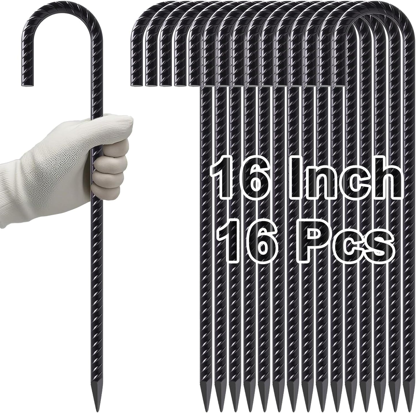 VVOKGO Rebar Stakes 16 Inches J Hook Heavy Duty Chain Link Fence Stakes, 16 Pcs Metal Long Tent Spikes Ground Anchors for Wire Fencing, Dogs Digging, Camping Tents, Swings, Greenhouse, Black