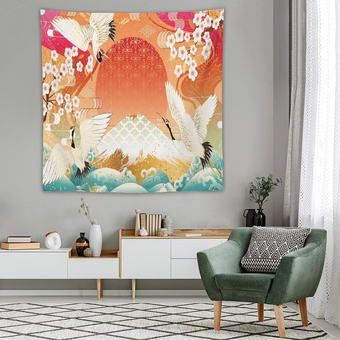 HZOHNAGO Japanese Tapestry Cherry Blossom Crane Sea Wave Fuji Mountain Red Sun Pattern Printed Wall Tapestry Painting Wall Hanging for Bedroom Living Room Dorm 60" W x 60" H