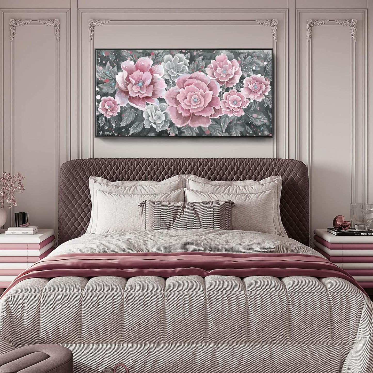 Oversized Framed Wall Art, Pink Flower Canvas Print Modern Pink & Grey Peony Blossom Artwork Extra Large Wall Picture Floral Decor for Living Room Bedroom Dining Room Office Home Decor
