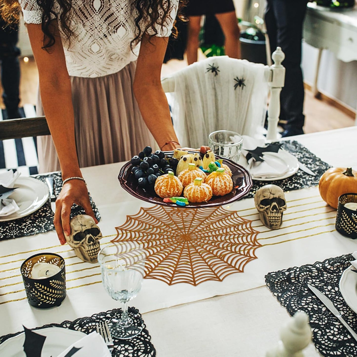 Sfcddtlg 6 Pcs Halloween Spider Web Placemats- 15"" Heat Insulation Halloween Placemats Spider Web Table Mats- Hollow Out Spiderweb Coasters Placemat for Dining Table Halloween Decoration (Brown)