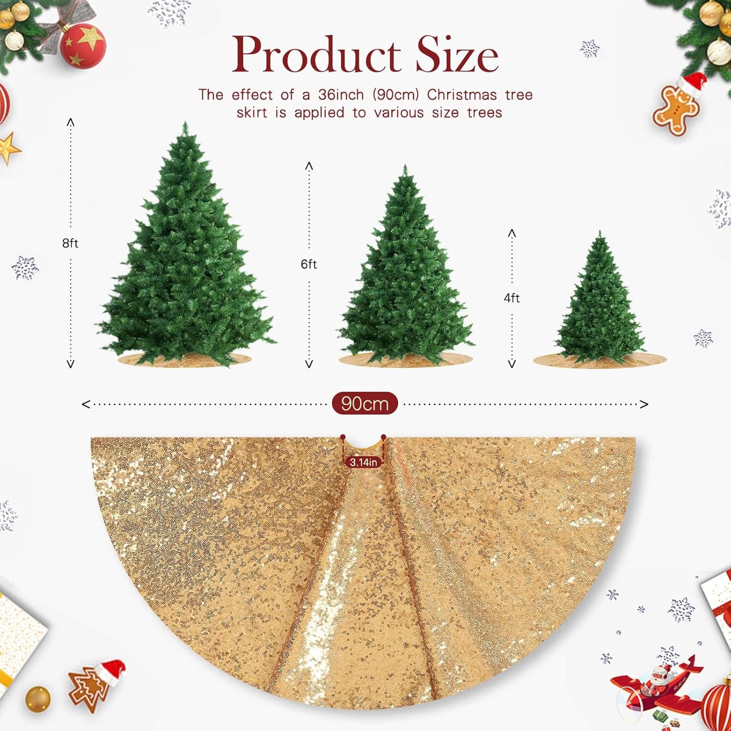Gold Christmas Tree Skirt 36 inch Small Tree Skirt 4ft Sequin Tree Skirt for Gold Christmas Decorations