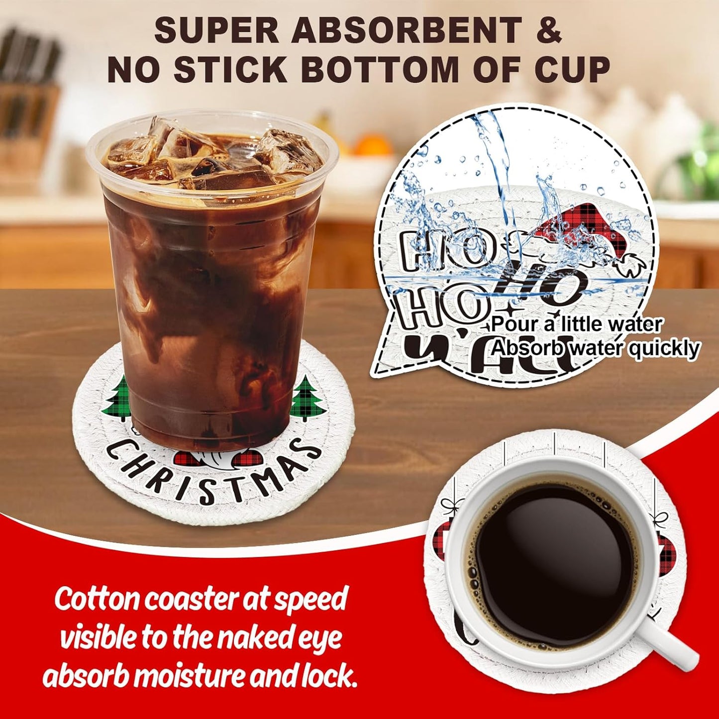 Whaline 4Pcs Merry Christmas Cup Coasters Handmade Braided Cotton Drink Coasters Xmas Buffalo Plaid Anti Slip Absorbent Tabletop Protection for Home Office Party Tableware, 4.3 × 4.3 inch