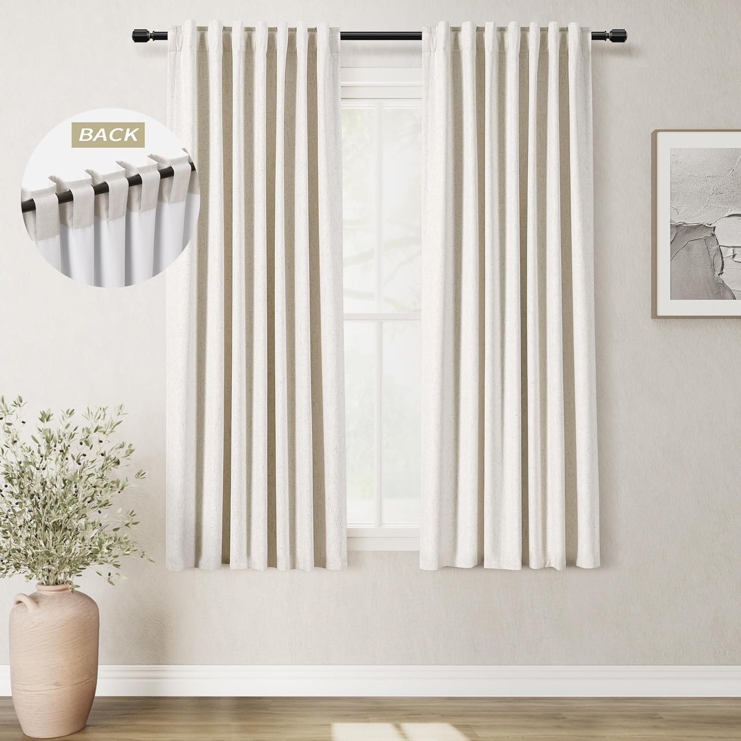 BOODII 63 Inch Blackout Curtains Cream Linen Black Out Curtains for Bedroom 2 Panels Set Neutral Room Darkening Curtain Natural Beige Thermal Insulated Curtain for Nursery Drapes Back Tab 52x63