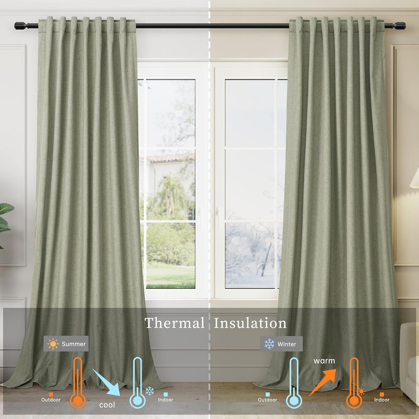 BOODII Sage Green Darkening Curtains 96 Inches Long for Living Room Back Tab Blue Blackout Curtains Neutral Aesthetic Linen Textured Thermal Insulated Black Out Curtain Light Blocking Drapes Nursery
