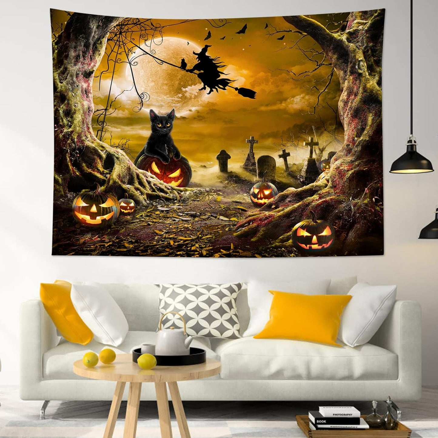 LB Halloween Wall Art - Horror Witch Cat & Dead Tree Pumpkin Lights with Spooky Graveyard Orange Full Moon over Misty Forest Wall Tapestry for Bedroom & Living Room - 48x36 Inch