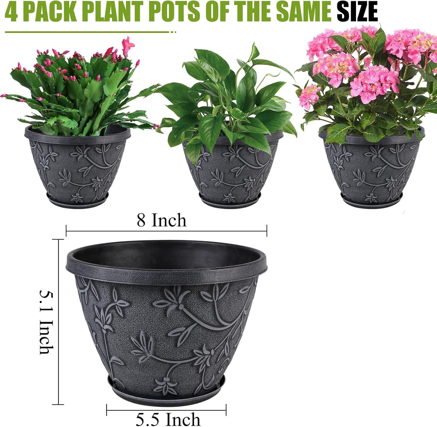 4 Pack 8 Inch Flower Pots for Outdoor Indoor, Plastic Plant Pots with Drainage Hole & Saucer, Lightweight Small Resin Flower Pot, Imitation Magnolia Pots for Garden House planters（Gray）