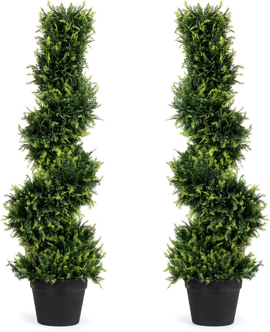 2-Pack Faux Cedar Spiral Topiary Trees - 3.2ft Tall - Planter Included - Artificial Trees for Indoor or Outdoor - Realistic Design with Dense Green Foliage - UV-Protected & Weather-Resistant Plants