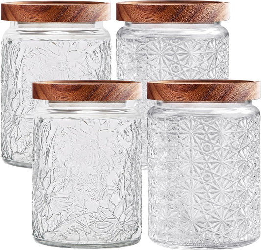 Vintage Glass Jars with Wooden Lids, 4 Pack 24 oz Airtight Glass Food Storage Containers Sets for the Kitchen, Sugar Coffee Candy Spice Cookie Tea Pasta
