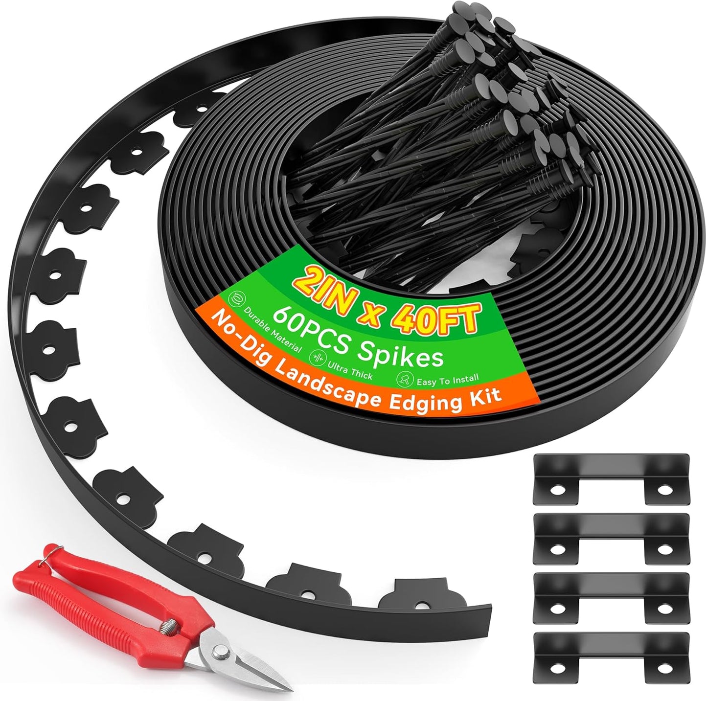 2" Tall 40ft No Dig Landscape Edging Border with 60PCS 8" Plastic Spikes & 4 PCS Connectors - Garden Lawn Edging Kit with a Shears for Landscaping, Lawn, Flower Beds and Yard