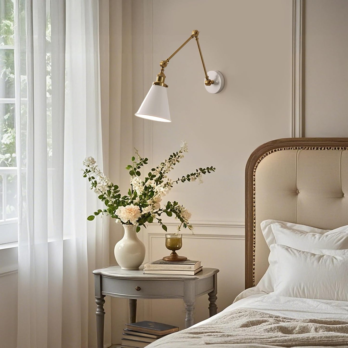 JONATHAN Y JYL7462B Rover 7" Classic Industrial Metal Adjustable Arm LED Wall Sconce, White/Brass Gold for Bedroom, Bathroom, Vanity